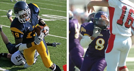 MC senior wide receiver Jake Allen (left) took ASC offensive player of the year honors, while UMHB senior linebacker Jerrell Freeman got the defensive nod.