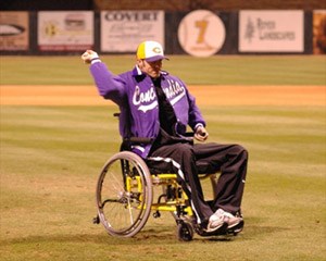 Concordia Texas senior Garrett Williamson takes his first throw to recovery by throwing out the first pitch at the Tornado's 2008 home opener on February 1.