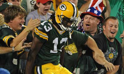Former MC receiver Jake Allen celebrates his 22-yard touchdown reception for Green Bay on Thursday, Aug. 29, 2008. (Photo courtesy Jim Biever, Green Bay Packers)