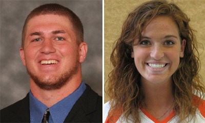 Texas Lutheran football player Ty Palmer (left) and Texas-Dallas volleyball player Krissy Seaman became the first recipients of the ASC Fred Jacoby Sportsmanship Award from their respective institutions.