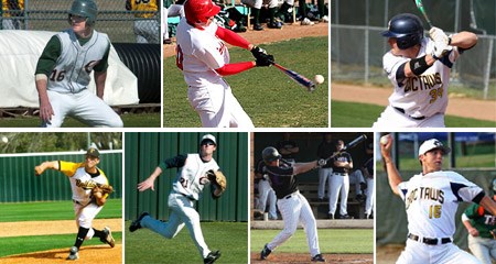 Texas-Dallas' Cody Ross (top, left to right), Sul Ross State's Javier Arrieta, Mississippi College's Bo Bell, Texas Lutheran's Jeremy Macklin (bottom, left to right), Texas-Dallas' Jared Smith, Hardin-Simmons' Regan Dixon and Mississippi College's Brett Hinson.
