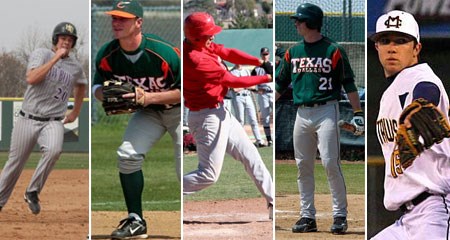 Hardin-Simmons' Regan Dixon (left), Texas-Dallas' Cody Ross, Sul Ross State's Javier Arrieta, Texas-Dallas' Jared Smith and Mississippi College's Brett Hinson all earned ABCA Rawlings All-American honors.